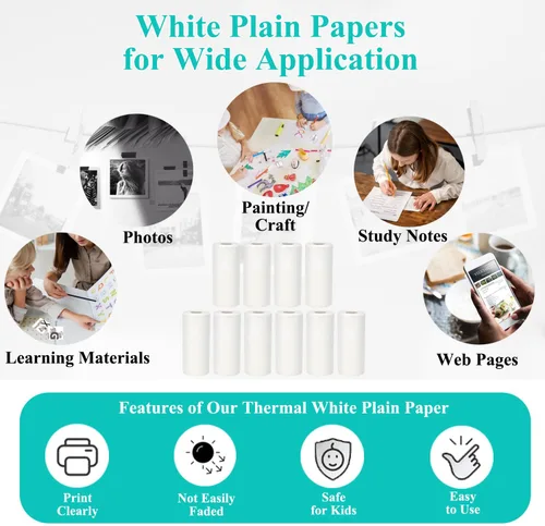 Vista 5 de 16 rollos de papel para impresora térmica, incluye 6 papeles adhesivos y 10 rollos de papel liso para mini impresoras portátiles, 2.244 x 0.984 in