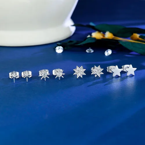Vista 5 de 4 Pairs White Gold Star Stud Earrings for Women Celestial Hypoallergenic Silver Stud Earrings Set for Sensitive Ears