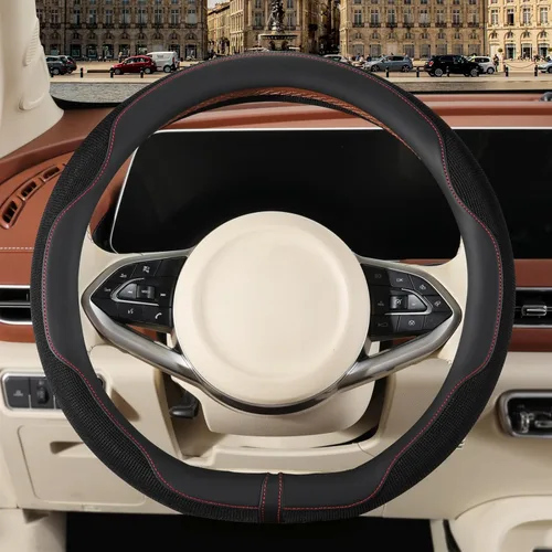Vista 19 de Funda para volante de 14 pulgadas en forma de D para Prius Civic, piel de microfibra de napa antideslizante, transpirable, cálida en invierno