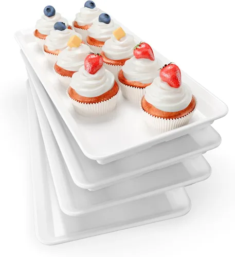 Vista 14 de Set de bandejas de servir de 3 niveles de melamina, bandejas de 29 x 14 pulgadas para servir alimentos, bandejas reutilizables blancas con soporte