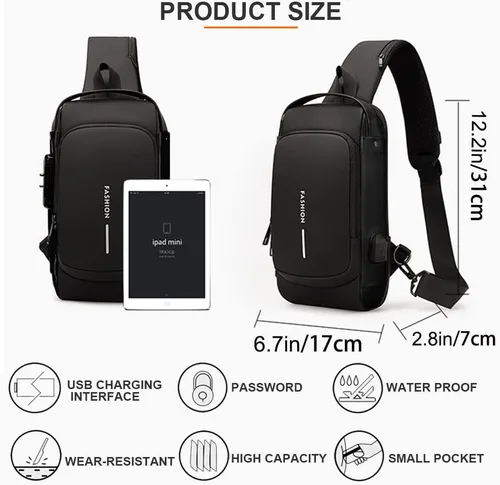 Vista 6 de Bolsa de motocicleta para hombre mochila cruzada impermeable sobre el hombro con carga USB Negro Mochilas Daypack