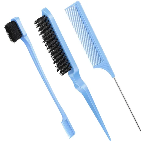 Vista 13 de Geiserailie Juego de 3 cepillos para peinar el cabello liso Cepillo de cerdas Cepillo de control de bordes Cepillo de cardado para mujeres con Negro
