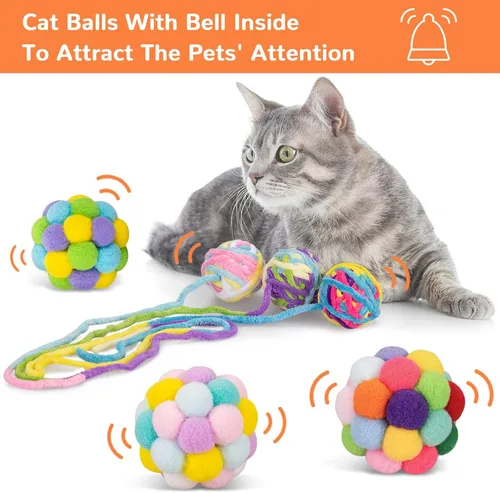 Vista 2 de Retro Shaw Pelotas de juguete para gatos, 6 piezas de hilo de lana con campana en el interior, juguetes interactivos para gatos