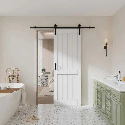 Puerta corredera de granero imprimada blanca de 30 x 84 pulgadas con kit de herramientas incluido (H Shape)