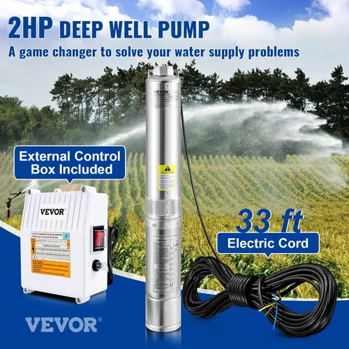 Vista 2 de VEVOR Bomba Sumergible de Pozo Profundo, 2HP 230V/60Hz, 37 GPM, Cabezal de 427 pies, con Cable de 33 pies y Caja de Control Externa, Bombas de Agua