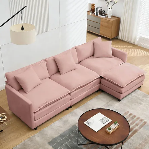 Vista 13 de Sofá modular modular de pana de 108.27 pulgadas, moderno juego de sofá para sala de estar con 3 asientos, 1 otomana y 3 almohadas, cómodos sofás