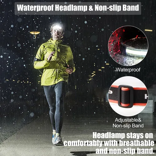 Vista 6 de Linterna frontal LED recargable, 1000 lúmenes, 230°, luz de haz ancho, lámpara de cabeza recargable USB con luz trasera roja, faros ligeros e