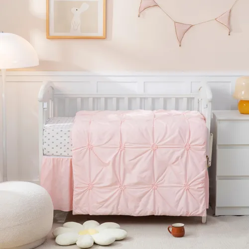 PINNKKU - Juego de cama de 3 piezas para bebé niño o niña, incluye falda, manta y sábana, ropa de cama para bebé, diseño fruncido y plisado en rosa