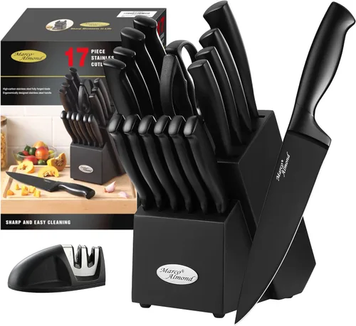 Marco Almond® Juego de cuchillos de cocina con bloque y afilador MA23, juego de bloque de cuchillos de 17 piezas, juego de cuchillos negros de chef