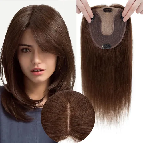 Vista 12 de Toppers de cabello humano real para mujer, sin flequillo, más grande de 5.1 x 5.9 in, base de seda, 150% de densidad, con clip, piezas superiores