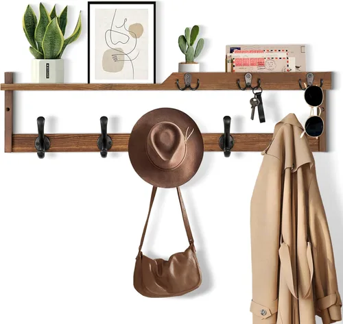 Vista 8 de dreampossible Perchero de pared con estante, perchero de pared con ganchos para llaves y soporte para correo, estante flotante de entrada de madera