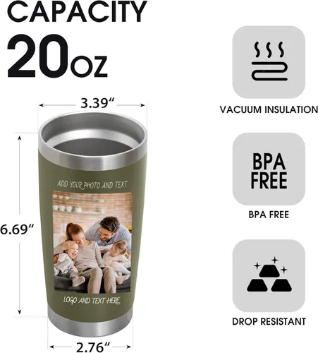 Vista 2 de Vaso de café personalizado de acero inoxidable, botella de agua personalizada de 20 onzas, vasos aislados con tapas y pajitas, imagen de logotipo