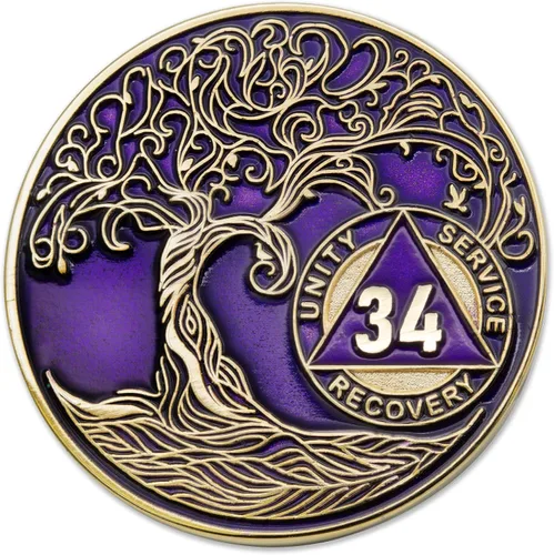 Vista 6 de 1 año Sobriety Mint Twisted Tree of Life Medallón de recuperación AA chapado en oro, chip/ficha - negro