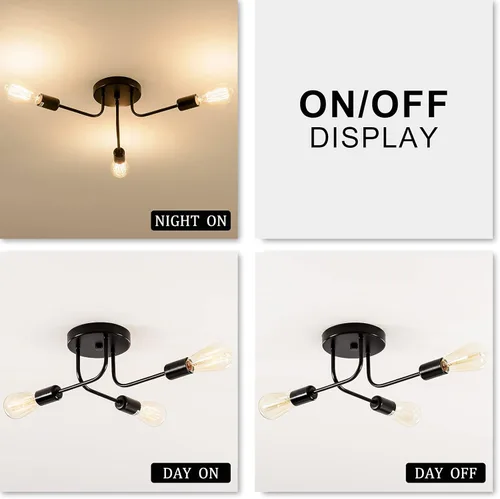 Vista 8 de Lámpara de techo industrial semi empotrada con 3 luces de techo con ramas de metal ajustables, soporte E26, pintado en negro, para cocina, sala