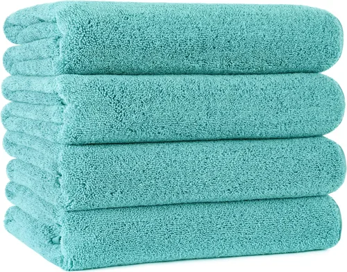 POLYTE Toalla de baño de microfibra de secado rápido sin pelusas, 57 x 30 pulgadas, paquete de 4 (aguamarina)