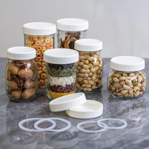 Vista 4 de Jumterlee Paquete de 9 tapas blancas para tarros Mason de boca regular con anillos de silicona, tapas de plástico para frascos, tapas de conservas