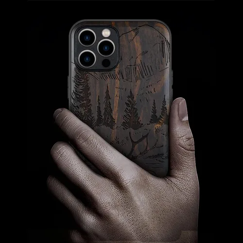 Vista 2 de Carveit Funda magnética de madera para iPhone 12 Pro, madera natural y TPU suave negro, funda protectora a prueba de golpes, elegante funda