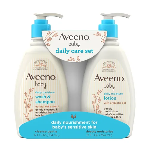 Aveeno Baby Set de regalo de cuidado diario con extracto de avena y avena prebiótica, contiene loción corporal hidratante diaria y jabón suave de