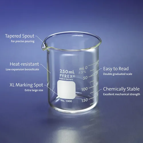 Vista 2 de PYREX Griffin - Vaso de precipitados de vidrio de borosilicato, vaso de precipitados de medición graduado de forma baja con pico, cristalería