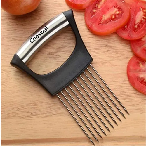 Vista 3 de Cooswai Soporte de cebolla inoxidable para rebanar, asistente de cocina, verduras - Herramienta de rebanadas de picadora mejorada, asistente