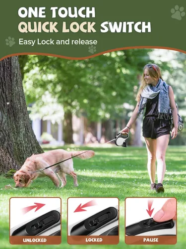 Vista 4 de Correa retráctil para perro con luz LED, correa de perro resistente de 16 pies retráctil para perros medianos y grandes de hasta 110 libras, 360°