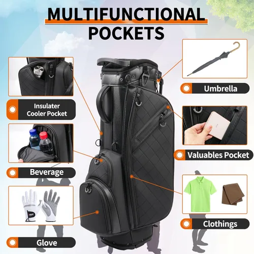 Vista 4 de Bolsa de golf con soporte y 14 divisiones de largo completo, bolsa de golf de cuero PU para hombres, bolsas de golf de lujo ligeras impermeables