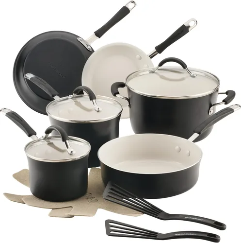 Vista 22 de Rachael Ray Cucina - Juego de ollas y sartenes antiadherentes anodizadas, 12 piezas, gris con asas azules
