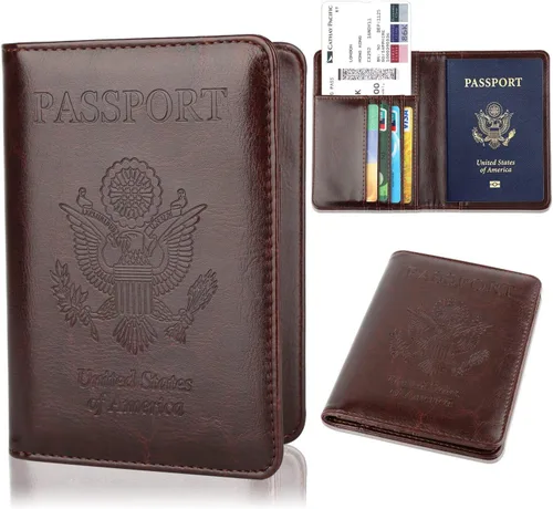 Vista 2 de Portapasaportes de piel, con bloqueo RFID, ideal para documentos de viaje, Coffee), B072QC2GSM