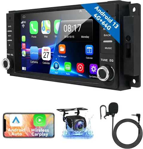 4G 64G Android 13 Estéreo de coche para Jeep Wrangler JK Radio Dodge Ram 1500 con CarPlay inalámbrico y Android Auto, pantalla táctil de 7 pulgadas