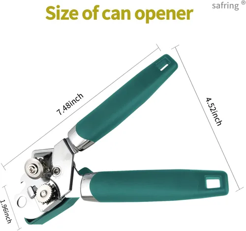 Vista 2 de Safring Abrelatas manual, de mano de acero inoxidable resistente y resistente, mango cómodo, borde liso de hoja afilada, abrelatas con abrebotellas