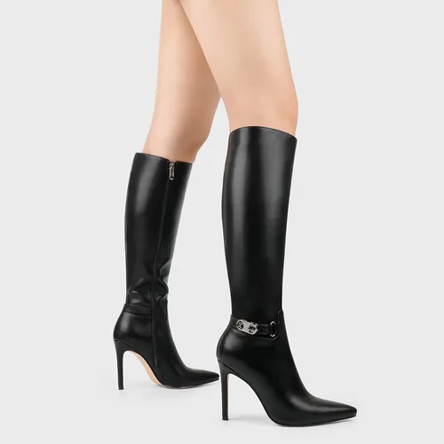 Vista 2 de COLETER Botas altas hasta la rodilla para mujer, con punta puntiaguda, hebilla de aguja, botas de vestir con cremallera