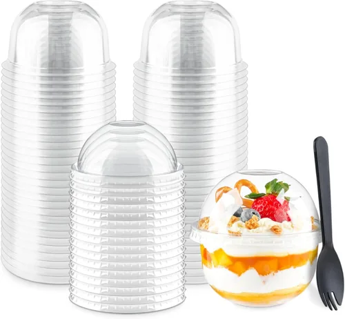 Zezzxu Paquete de 50 Vasos de Postre de Plástico de 9 oz con Tapas de Cúpula (Sin Agujero) y Sporks, Vasos de Frutas Desechables Transparentes con