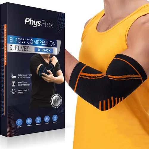 Vista 11 de PhysFlex Coderas para aliviar el dolor de codo de tenis y golfista, manga de compresión de codo para levantamiento de pesas, entrenamiento, fitness