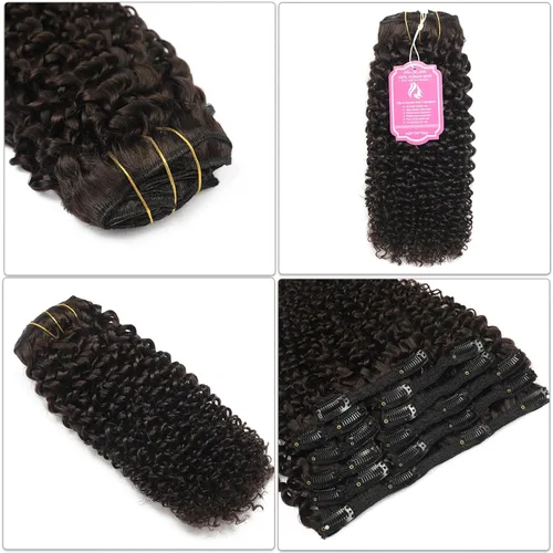 Vista 6 de Extensiones de cabello rizado kinky con clip para mujeres negras 14 pulgadas 2# marrón oscuro extensiones de cabello rizado con clip cabello humano