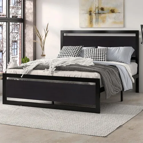 Vista 7 de SHA CERLIN Base de cama tamaño Queen con cabecera moderna, base de metal de plataforma resistente con estribo cuadrado y soporte de 13 listones Negro