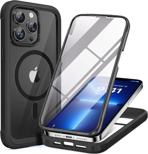 Vista 224 de Miracase Funda magnética para iPhone 14 de 6.1 pulgadas, protector de pantalla de vidrio templado integrado + protector de lente, compatible