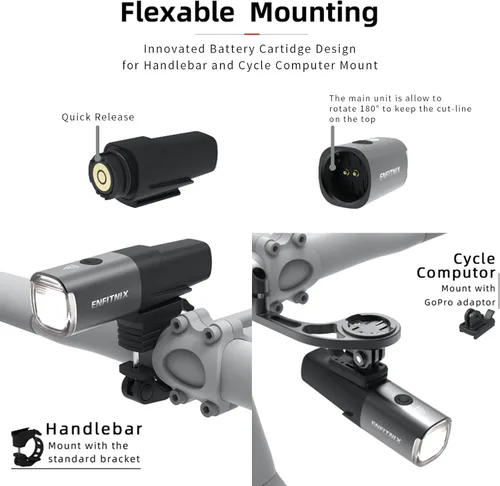 Vista 7 de Navi 500 Luz inteligente para bicicleta, encendido/apagado automático, 2450 mAh USB tipo C recargable lámpara delantera de bicicleta, 530 lúmenes