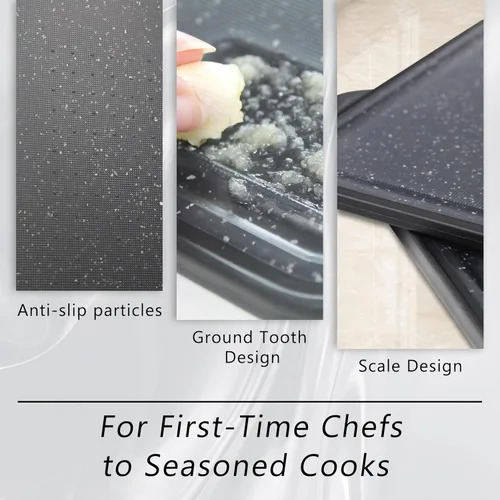 Vista 4 de Tablas de cortar para cocina, juego de 2 tablas de cortar grandes, tabla de cortar antideslizante con ranura para caspa y jugo, tablas de cortar