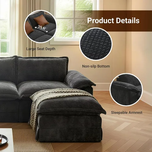 Vista 8 de Claiks Sofá modular deshuesado de 123 pulgadas, sofá en forma de L para sala de estar, sofá moderno de asiento profundo de 3 plazas, tela de Gris