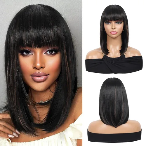 Vista 11 de Kalyss - Pelucas cortas de cabello negro con flequillo para mujer, peluca de cabello sintético completo, resistente al calor, peluca corta y recta