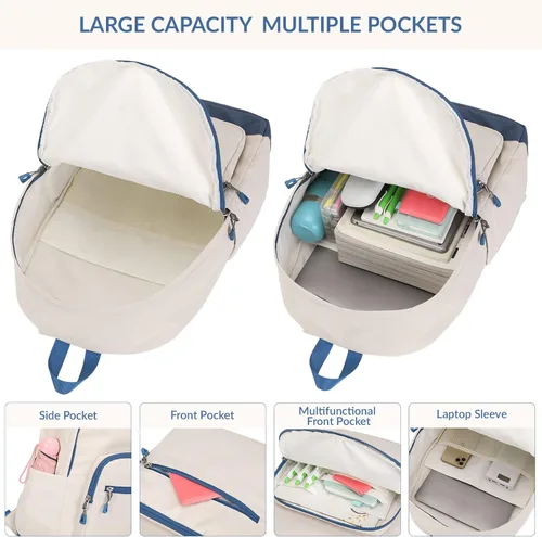 Vista 6 de Lohol Mochila clásica para la escuela, viajes, universidad, resistente al agua, Beige verde, Mochilas Daypack