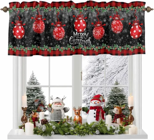 Vista 13 de Cenefa de cortina con lazo rojo de Navidad para ventanas, sala de estar, cocina, baño, granja, bolas de Navidad de acuarela con diseño de bayas