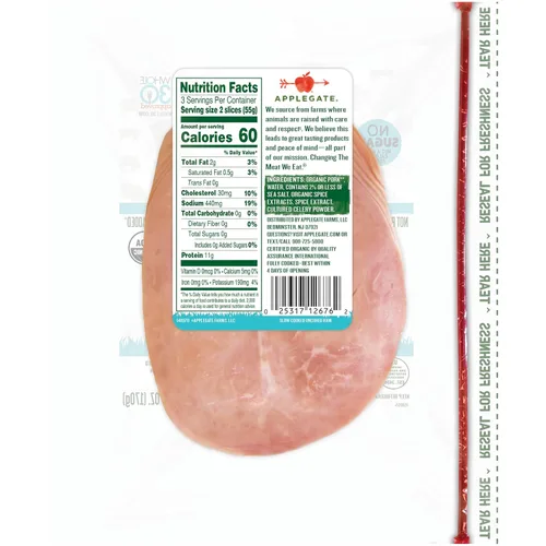 Vista 2 de Applegate, Jamón orgánico sin curar cocido lento, 6oz