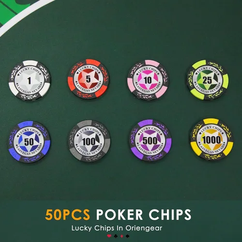 Vista 3 de ORIENGEAR Professional Poker Chips, 50 Pcs 14 Gram Composite Chips with Clear Denominations, Numbered Casino Chips for Blackjack, Roulette & Poker