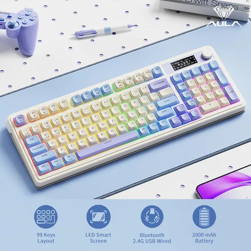 Vista 2 de AULA Teclado para juegos S99 Pro, bonito teclado cremoso con pantalla inteligente con teclado numérico, teclados de computadora Bluetooth