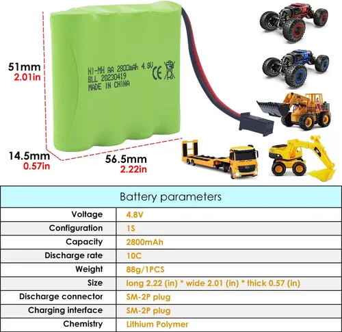 Vista 2 de Batería recargable AA de 4.8 V 2800 mAh con enchufe SM-2P y cable de carga USB para SY-E511 RC Excavadora Camión Ingeniería Vehículo E562 TD141 RC