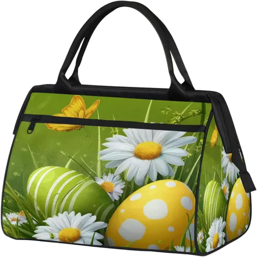 Large Travel Duffle Bag for Women Men,Waterproof Weekender Overnight Bag Carry on Tote Bags for Gym Sport Business Trip,Easter Eggs Spring Daisy