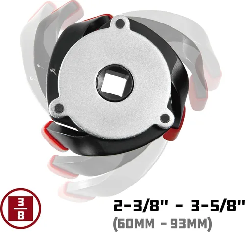 Vista 3 de Powerbuilt Llave de filtro de aceite Spider 3 Jaw universal y autoajustable, rango de 2-5/16" a 3-9/16" (2.362 in a 3.543 in), imanes integrados