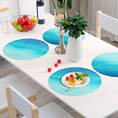 Vista 6 de Juego de manteles individuales redondos de PVC antideslizantes y resistentes al calor, diseño de mármol azul con vetas doradas, 1 paquete