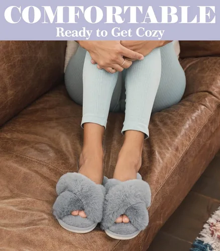 Vista 7 de Ankis - Pantuflas negras, grises y blancas para mujer, mullidas, afelpadas y cómodas con banda cruzada, espuma viscoelástica y punta abierta